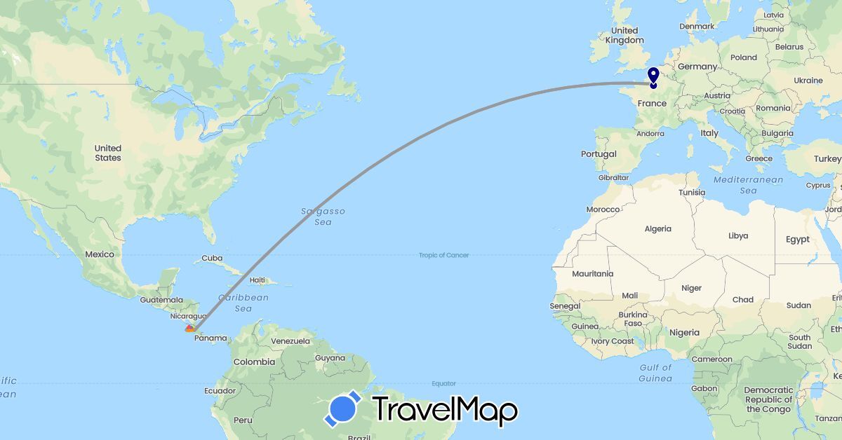 TravelMap itinerary: driving, bus, plane, cycling, train, hiking, boat, hitchhiking in Costa Rica, France (Europe, North America)